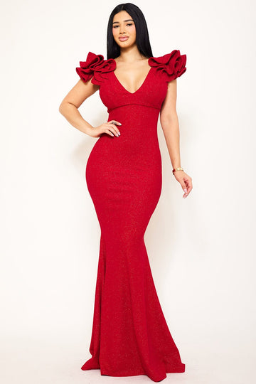 Glittered ruffle sleeves red dress